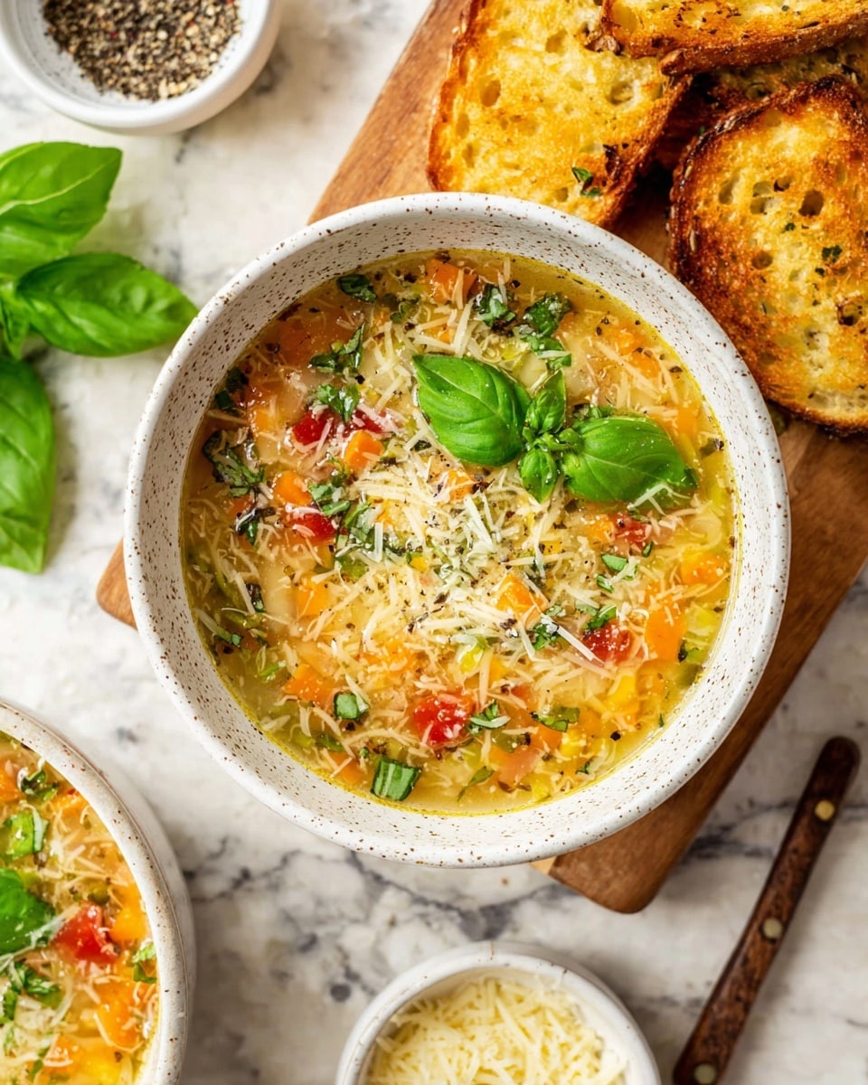A white speckled bowl filled with vegetable soup sits on a wooden board against a white marbled background. The soup has a light golden broth with visible layers of small pieces of orange and green vegetables, red tomato bits, white shredded cheese, and chopped herbs floating on top, garnished with fresh green basil leaves. Around the bowl, there are golden grilled bread slices with a crispy texture, a small white bowl with ground black pepper, and a white bowl filled with shredded cheese. A spoon with a wooden handle rests near the front on the white marbled surface. photo taken with an iphone --ar 4:5 --v 7