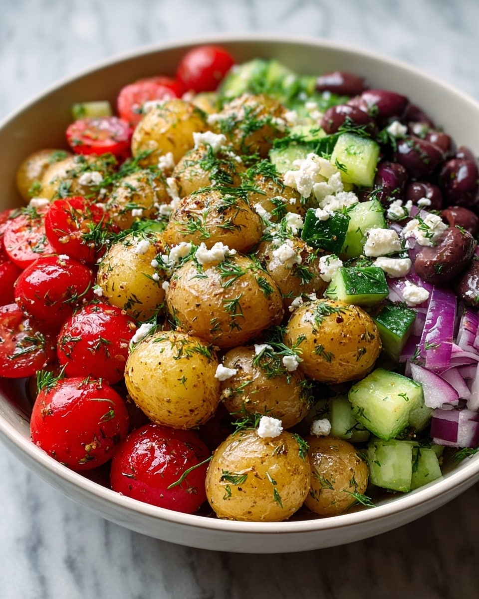 A close-up view of a white speckled bowl filled with a colorful potato salad featuring around 12 golden baby potatoes seasoned with herbs and spices, scattered with bright red cherry tomatoes, dark purple Kalamata olives, and light green cucumber chunks. Thin slices of purplish-red onion are layered throughout, mixed with crumbled white feta cheese and fresh green dill sprinkled evenly on top and all around. The potatoes have a shiny, slightly oily texture, sitting on a white marbled surface. photo taken with an iphone --ar 4:5 --v 7