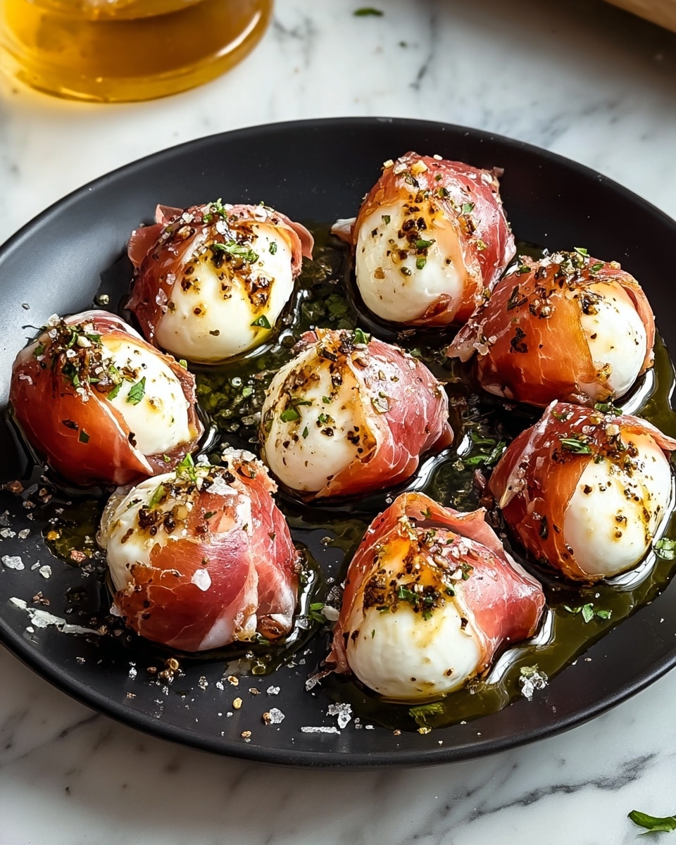 On a round white plate with a smooth texture, there are nine pieces of food arranged in a loose circle. Each piece has two layers: the inner layer is a small, white, creamy ball that looks soft and slightly toasted with golden brown spots, topped with tiny green herb bits and black pepper. The outer layer is a thin wrap of reddish-pink translucent cured meat, gently folded around the white balls. The plate is lightly drizzled with greenish-yellow oil, small coarse salt crystals, and scattered fresh herbs. The background shows a white marbled surface with a blurred golden liquid container near the top edge. photo taken with an iphone --ar 4:5 --v 7