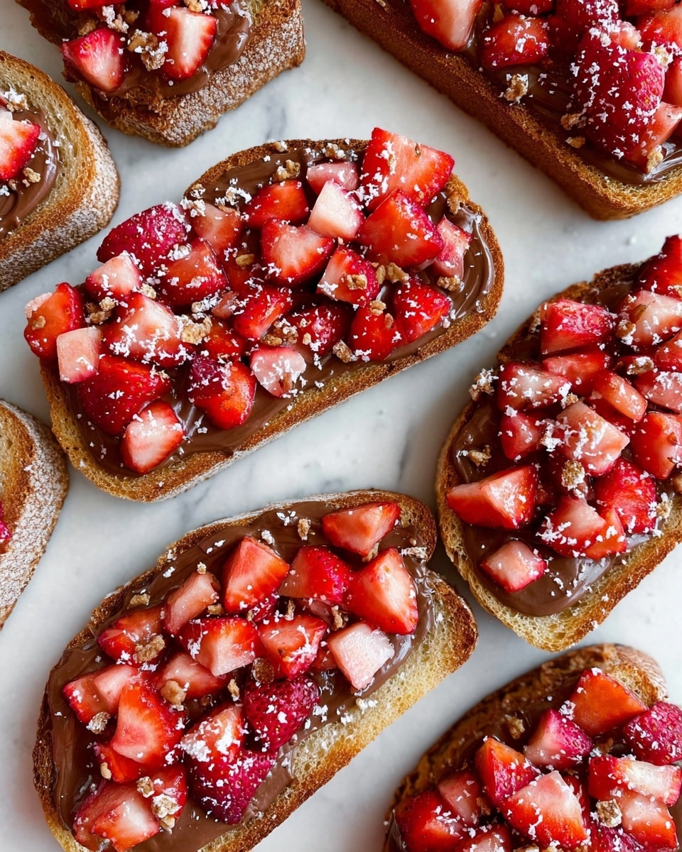 The image shows several pieces of toasted bread arranged on a white marbled surface. Each piece has three layers: the first layer is the lightly browned toasted bread with a rough, crunchy texture; the second layer is smooth and glossy chocolate spread covering the toast evenly; the top layer consists of small, bright red and pink diced strawberries scattered thickly over the chocolate, with a light dusting of white powdered sugar and small bits of crunchy cereal sprinkled on top. The toasts are placed close together, filling the frame. Photo taken with an iphone --ar 4:5 --v 7