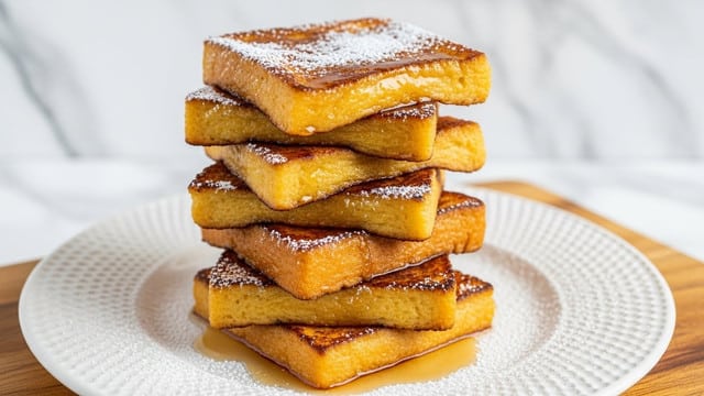 A white plate holds a stack of six thick, golden-brown French toast pieces arranged in two layers: three pieces on the bottom and three on top. The toast has a crispy, caramelized surface with a slight shine from syrup that pools slightly at the base and glistens on the sides. The top layer of toast is sprinkled with a generous dusting of powdered sugar, creating a snowy contrast to the warm toast colors. In the background, there is a blurred white bowl filled with yellow cubed fruit or potatoes, all set on a white marbled surface. photo taken with an iphone --ar 4:5 --v 7