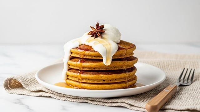 A stack of four golden brown pancakes sits on a white plate, each pancake thick and fluffy with a slightly crispy edge. On top, there is a dollop of white cream melting and dripping down the sides, accented with a brown star anise for decoration. Syrup lightly drips over the pancakes, adding a glossy texture. The plate is on a white marbled surface with a beige textured cloth and a wooden-handled fork placed nearby. The background is plain and light-colored, emphasizing the warmth and texture of the pancakes. photo taken with an iphone --ar 4:5 --v 7