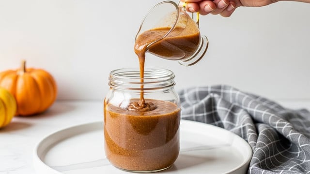 A clear glass jar filled with a thick, dark brown sauce with visible specks is placed on a white round plate with a white marbled texture. Thick sauce is being poured into the jar from a smaller glass container held by a woman's hand with a golden handle, creating a smooth, glossy stream. The background includes a small pumpkin on the left and a gray checkered cloth folded on the right, all set against a soft white wall. photo taken with an iphone --ar 4:5 --v 7