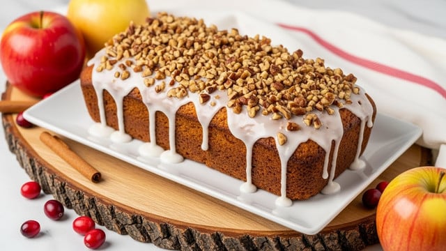 A loaf cake with a golden-brown crust sits on a white rectangular plate. The cake is topped with a thick layer of white icing that drips down the sides unevenly, adding a glossy texture. The loaf’s surface shows a few darker brown spots from caramelization. The background includes a white marbled surface, with few apples softly blurred in the back. Photo taken with an iphone --ar 4:5 --v 7