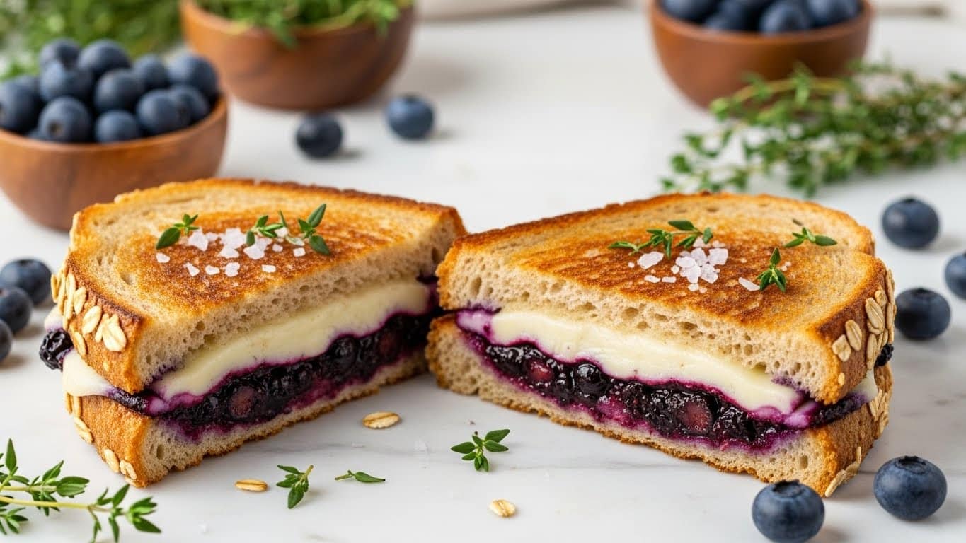 The image shows a grilled sandwich cut in half, placed on a white marbled surface, each half revealing distinct layers. The sandwich has two slices of golden-brown toasted bread with a crispy, slightly rough texture, and some oats on the crust edges. Inside, the bottom layer has a layer of dark purple blueberries and a melted creamy white cheese layer above it. On top of the sandwich halves, there are coarse salt crystals and small green thyme sprigs scattered, enhancing the visual appeal. Around the sandwich, fresh blueberries and more thyme sprigs are placed, with small wooden bowls in the blurred background. photo taken with an iphone --ar 4:5 --v 7