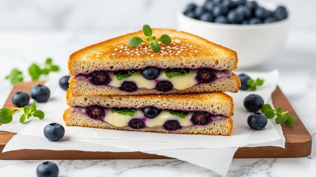 Two grilled cheese sandwich halves are stacked on a piece of white parchment paper on a wooden surface, which sits on a white marbled texture. Each sandwich half shows two layers of golden brown toasted bread with a soft, melted cheese layer in the middle, studded with dark purple blueberries and a few green herb leaves. The bread has a crunchy texture with visible salt crystals sprinkled on top, along with a small green herb sprig as garnish. Around the sandwiches are scattered blueberries and small sprigs of fresh herbs. Behind, out of focus, is a white bowl filled with more blueberries. The overall scene is bright and fresh. photo taken with an iphone --ar 4:5 --v 7