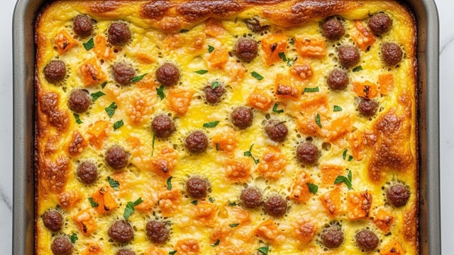 A golden baked casserole in a metal rectangular pan, showing one thick layer with a textured surface made up of browned cheese, orange sweet potato chunks, small brown sausage bits, and scattered green herbs, all mixed in a creamy yellow egg base. The edges are slightly browned with crispy spots, giving a rustic and warm look. The pan sits on a white marbled texture. Photo taken with an iphone --ar 4:5 --v 7
