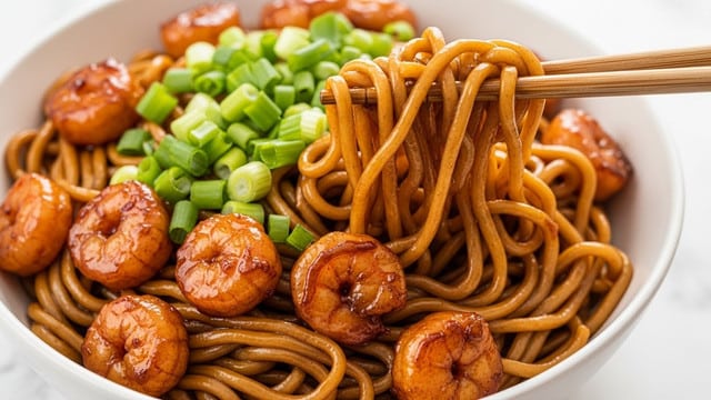 The image shows a bowl filled with wide, flat pasta ribbons in a light orange color, mixed with chunks of browned meat and sliced green vegetables. The pasta has a slightly shiny, smooth texture and rests on the bottom layer. On top of the pasta, there are scattered small green pieces, adding freshness and color contrast. The bowl is white and placed on a white marbled surface. A pair of orange chopsticks lies beside the bowl, and a woman's hand is holding one chopstick gently, reaching toward the bowl. Photo taken with an iphone --ar 4:5 --v 7