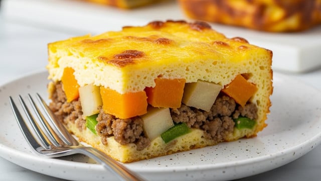 A square slice of baked casserole with three visible layers sits on a white speckled plate. The top layer is golden yellow with browned spots, showing a baked egg and cheese texture. The middle layer contains chunks of bright orange butternut squash mixed with softer white and green pieces, adding texture and color. The bottom layer shows crumbled browned sausage and bits of green bell pepper, creating a hearty base. A silver fork rests on the plate in the foreground, and the background is blurred but shows another slice of the casserole on a white marbled surface. photo taken with an iphone --ar 4:5 --v 7
