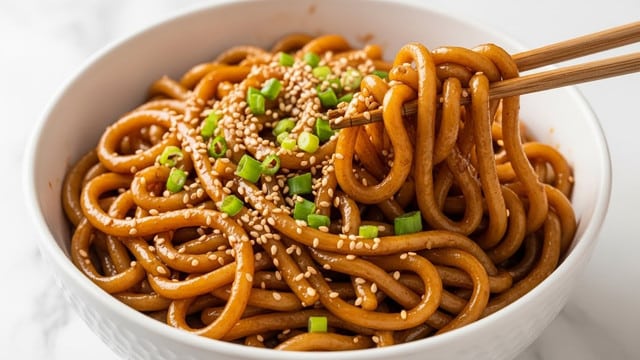 The image shows three white bowls filled with pasta on a white marbled surface. The pasta has wide, flat noodles with a light brown sauce and is mixed with slices of green basil leaves and red chili pieces, giving a fresh and colorful look. One bowl is centered with a woman's hand holding chopsticks, lifting some noodles. The bowls' inner edges have a black and white patterned rim. Fresh green herbs are scattered around the bowls, enhancing the natural feel. Photo taken with an iphone --ar 4:5 --v 7