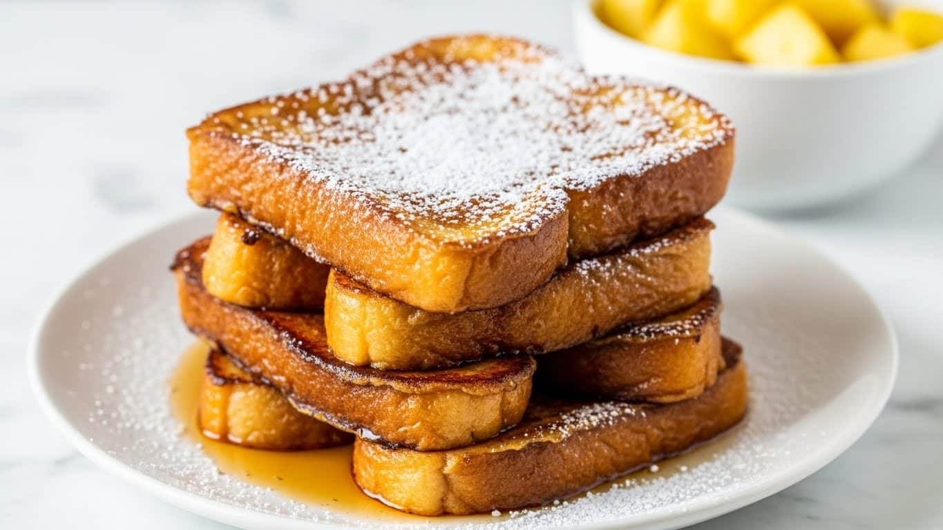 A stack of seven thick, square pieces of golden-brown French toast sits on a white plate with textured patterns. The French toast has a shiny, slightly caramelized surface with some darker toasted edges. The top piece is dusted lightly with powdered sugar, which also decorates the plate around the stack. The syrup glistens slightly between the pieces, adding a sticky sheen to the sides. The white plate is placed on a wooden board contrasting with a white marbled textured surface in the background, making the French toast stand out. photo taken with an iphone --ar 4:5 --v 7