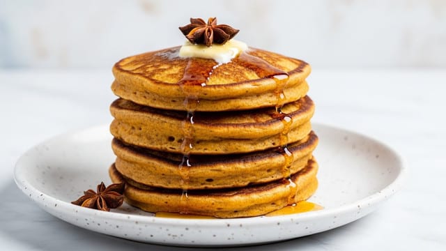 A stack of four thick, golden-brown pancakes sit on a white plate with a speckled edge, each pancake showing a slightly crispy texture with a soft inside. The top pancake is decorated with a dollop of cream or butter melting gently, and a few drops of amber syrup are dripping down the sides of the stack. One dark brown star anise lies on the top as a garnish while another rests on the plate near the base. The scene is set on a white marbled surface with a soft, light background. photo taken with an iphone --ar 4:5 --v 7