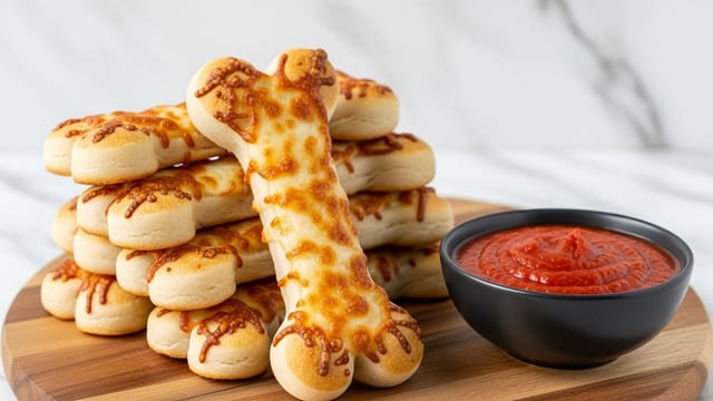 The image shows a stack of golden baked breadsticks shaped like bones, each with a light beige base and spots of melted brown and white cheese on top, giving a slightly crispy texture. They are arranged on a round wooden board, which also holds a small dark bowl filled with thick, bright red marinara sauce. The background is blurred but replaced with a white marbled texture for clarity. photo taken with an iphone --ar 4:5 --v 7