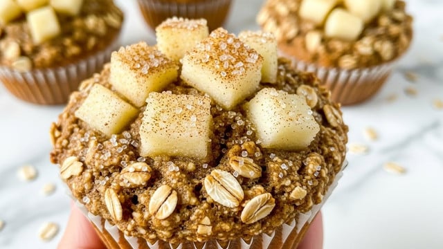 A close-up image of a small dessert tart with three main layers. The bottom layer is a golden-brown crust shaped with wavy edges. The middle layer is a thick, chunky filling with a light brown color, mixed with visible pieces of nuts and a slightly sticky texture. On top, there are four yellow pear slices arranged in a circular pattern, each piece sprinkled with a few granules of coarse sugar that sparkle. The tart sits on a white marbled surface with parts of other similar tarts blurred in the background. photo taken with an iphone --ar 4:5 --v 7