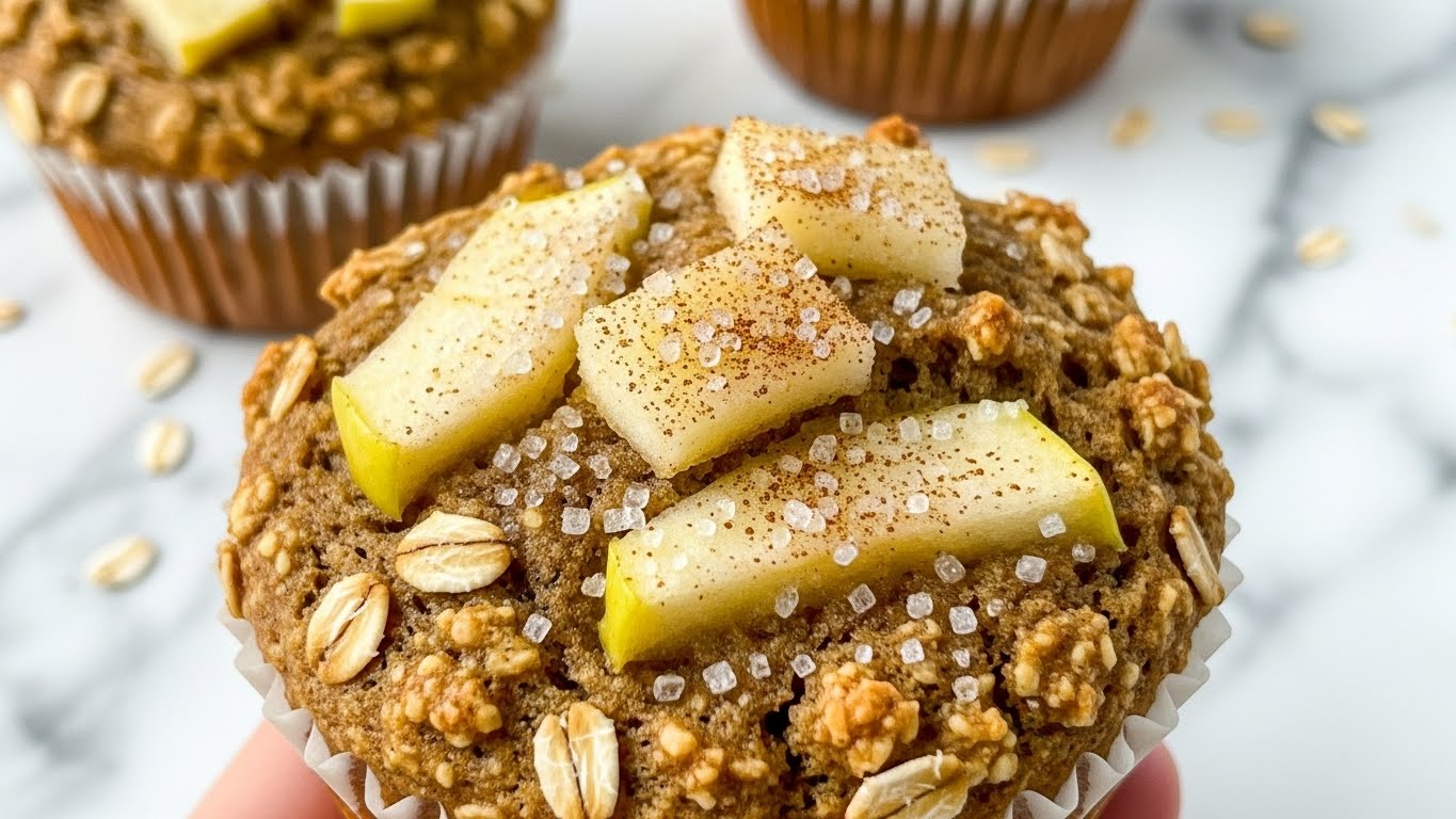 The image shows a close-up of an oat muffin with a rough texture held in a crinkled paper liner. The muffin has a golden-brown color with a dense oat topping that includes visible whole oats and small pieces of lightly cooked apple slices layered on the top. The apple slices are pale yellow with a slightly soft texture, sprinkled with granulated sugar crystals and specks of cinnamon. The background features a white marbled surface with two blurred oat muffins, creating a soft and warm feel. photo taken with an iphone --ar 4:5 --v 7