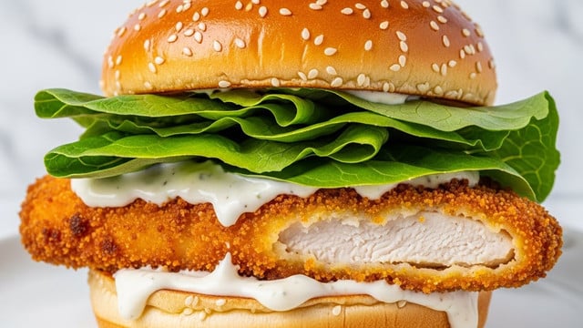 A close-up view of a sandwich with a shiny, golden brown sesame seed bun on top. Beneath the bun is a layer of fresh green leafy lettuce, with light green and darker green leaves showing texture and freshness. Below the lettuce is a crispy, breaded chicken fillet with a golden-brown crumb coating and white chicken meat visible where the crumb is broken. White creamy sauce generously drips slightly down the edges from the chicken onto the bottom bun, which is light golden with a soft texture. The sandwich rests on a white plate with a white marbled surface in the background. Photo taken with an iphone --ar 4:5 --v 7