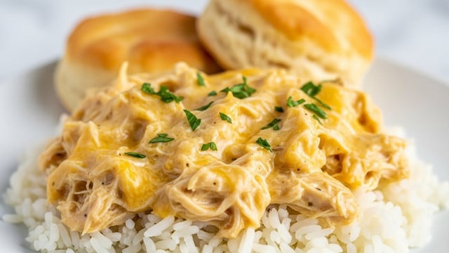 The image shows a dish of creamy chicken served over a bed of white rice on a white scalloped plate. The chicken pieces are thick and coated in a smooth, pale yellow creamy sauce with some fresh green herbs sprinkled on top. The rice underneath looks soft and fluffy, soaking up some sauce around the edges. A spoon with a silver handle rests on the right side of the plate. The plate is placed on a surface with a white marbled texture. Photo taken with an iphone --ar 4:5 --v 7