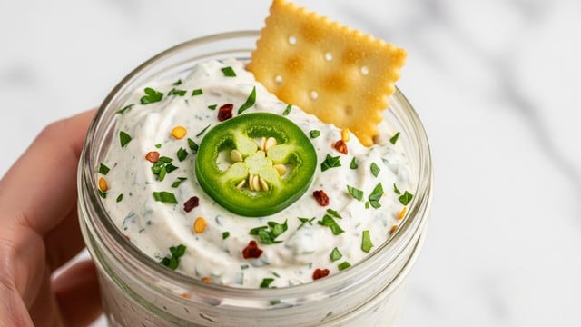 A clear glass jar filled with a thick, creamy dip mixed with finely chopped green herbs and small red flakes. The dip is off-white with visible green and red bits spread evenly throughout. On top, there is a single slice of green jalapeno pepper centered and a square cracker with small perforations is partially dipped into the jar. A woman's hand holds the jar from the side, and the background is softly blurred with a white marbled texture. photo taken with an iphone --ar 4:5 --v 7