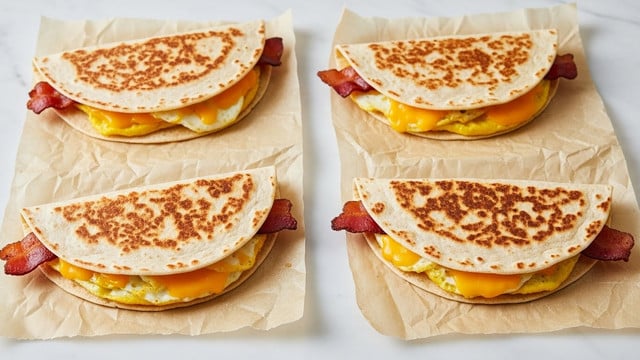Four breakfast quesadillas are placed on crinkled beige parchment paper over a white marbled surface. Each quesadilla is folded in half, showing a slightly browned, golden tortilla with spots of darker toasting on the outside layer. Inside, there are visible layers of melted orange-yellow cheddar cheese, cooked eggs with a pale yellow color, and crispy, reddish-brown bacon strips peeking out from the edges. The quesadillas are arranged with some space between them, highlighting the textures of the tortillas and fillings. photo taken with an iphone --ar 4:5 --v 7