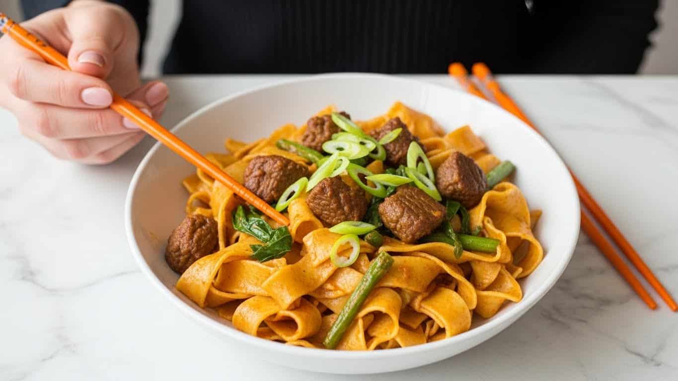 A white bowl filled with noodles coated in a dark brown sauce, topped with cooked ground meat that looks juicy and slightly glossy. There are small pieces of green onions sprinkled on top along with white sesame seeds. The noodles are thick and slightly twisted, mixing with the meat evenly, creating a layered look of noodle base and meat topping. The background is a white marbled texture. Photo taken with an iphone --ar 4:5 --v 7