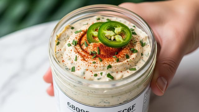 A clear glass jar filled with a creamy dip that has a smooth texture mixed with small green herb pieces throughout. The dip is beige with flecks of green herbs and red spices on top. There is a swirl on the surface of the dip with a few slices of green jalapeño pepper and a sprinkle of red powder, likely paprika, placed on top as garnish. The jar is held by a woman's hand and has a white label with black text on its front. The background is blurred with green hues, and the photo is taken on a white marbled surface. photo taken with an iphone --ar 4:5 --v 7