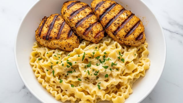 The image shows a white bowl filled with creamy pasta at the bottom layer, with wide, wavy noodles coated in a smooth, light yellow sauce and sprinkled with green herbs. On top of the pasta, there are three pieces of golden-brown grilled chicken with visible grill marks, and a slightly crispy texture. The chicken is seasoned with herbs and spices, giving it a rich, appetizing look. The bowl sits on a white marbled surface. photo taken with an iphone --ar 4:5 --v 7