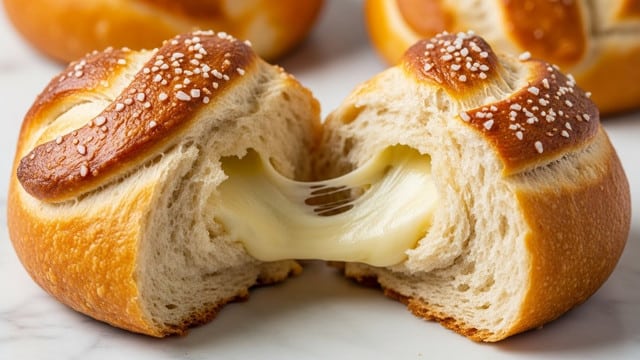 The image shows a close-up of a torn open golden-brown bread roll revealing a soft, creamy cheese filling inside. The bread crust has a shiny, slightly crispy surface with a light sprinkling of coarse salt on top. The gooey cheese stretches slightly as the bread pulls apart, displaying its smooth, rich texture. In the background, there is a blurred white bowl filled with a pale sauce, and another whole roll with the same golden crust. The scene is set on a white marbled surface. Photo taken with an iphone --ar 4:5 --v 7