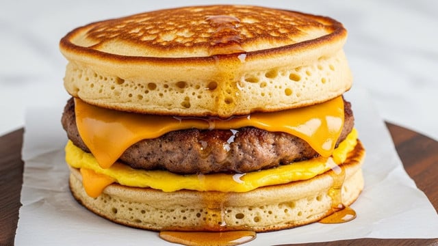 A close-up view of a sandwich with three main layers stacked neatly: the top and bottom layers are thick, golden-brown pancakes with a slightly crispy texture and small bubbles on their surface, the middle layers consist of a juicy, browned sausage patty and a slice of bright orange melted cheese that slightly drips down the sides. The sandwich is placed on a piece of parchment paper on a dark wooden board, with syrup visibly dripping from the bottom pancake onto the board. The background and surface are a white marbled texture. photo taken with an iphone --ar 4:5 --v 7