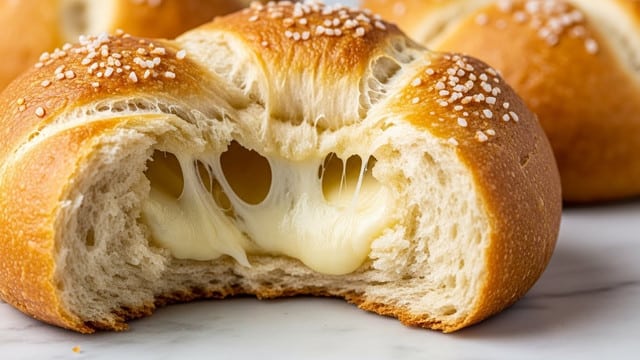 The image shows a close-up of a golden-brown bread roll broken open to reveal soft, creamy, melted cheese inside. The outer crust looks crunchy with some salt crystals sprinkled on top, while the inside layers show a fluffy texture combined with smooth, stringy cheese stretching out from the center. The bread sits on a white marbled surface, with another similar bread roll slightly blurred in the background. Photo taken with an iphone --ar 4:5 --v 7