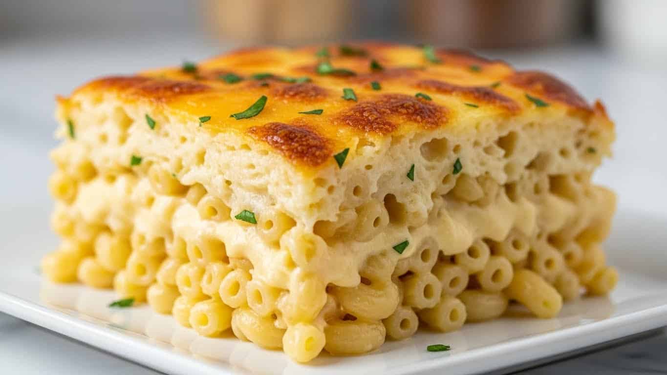 A close-up view of a square serving of macaroni and cheese sits on a white plate. The dish has two visible layers: a creamy layer of pale yellow cheese sauce mixed with small elbow macaroni at the bottom, and a golden brown cheese crust on top that is bubbly and slightly browned with darker spots. Small green herb pieces, likely parsley, are sprinkled over the top. The pasta is soft and looks rich with melted cheese dripping slightly onto the white plate. The background is softly blurred with neutral kitchen tones and a white marbled surface underneath. photo taken with an iphone --ar 4:5 --v 7