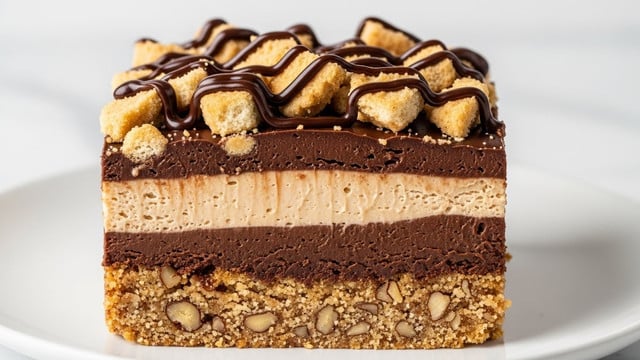 A close-up view of a multi-layered dessert square on a white plate set on a white marbled texture. The dessert has five visible layers: the bottom layer is a crumbly brown crust, the second layer is a thick dark chocolate, the third layer is a light creamy peanut butter filling with small peanut butter candy pieces pressed into it, the fourth layer is a soft golden cake, and the top layer is a glossy dark chocolate coating decorated with chunks of light caramel fudge, mini peanut butter candies, and small chocolate cookie pieces. The dessert looks rich and textured with crumbs and chocolate drips on the side. Photo taken with an iphone --ar 4:5 --v 7