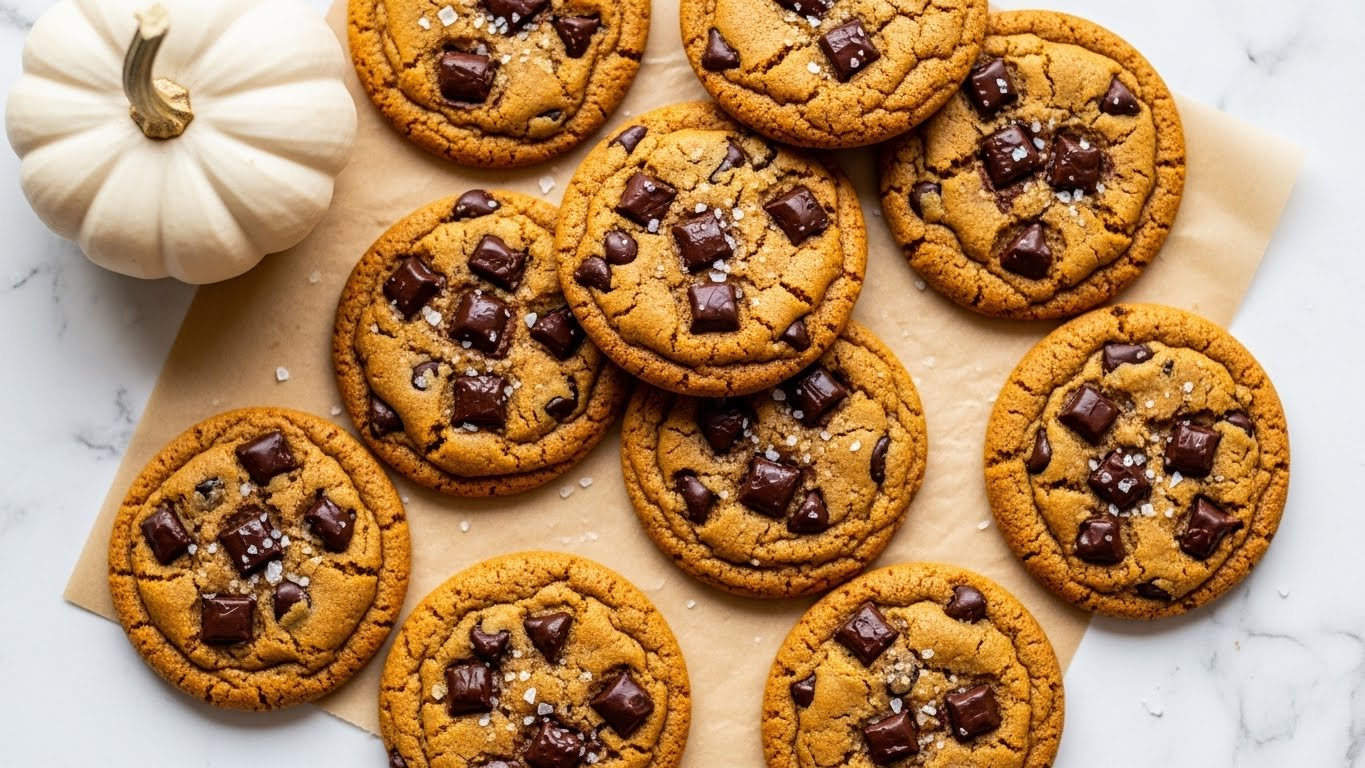 A group of golden brown cookies with dark chocolate chunks spread across their surface sits on light brown parchment paper on a white marbled texture. The cookies have a soft and slightly cracked texture with a sprinkle of coarse salt on top. To the upper left, there is a small white pumpkin as decoration. The arrangement shows the cookies overlapping each other in a casual, inviting way. Photo taken with an iphone --ar 4:5 --v 7