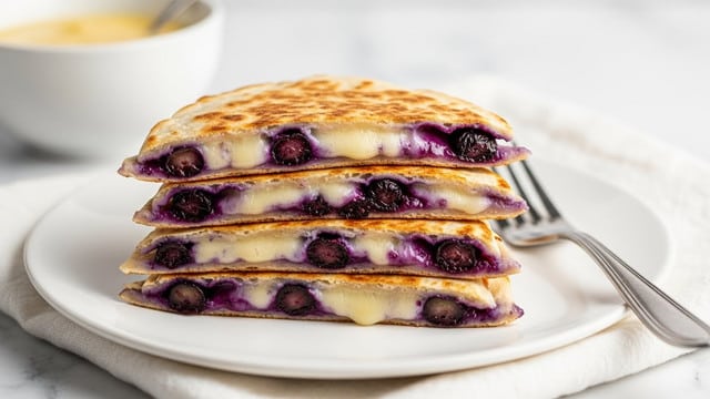 The image shows three triangle-shaped pieces of quesadilla stacked on a white plate, each piece revealing a golden-brown toasted flatbread on the outside. Inside, there are visible layers of melted light creamy cheese and dark purple blueberries, some of which are whole and some are slightly squished, with the juices soaking into the flatbread edges. To the right of the plate, a silver fork rests lightly on the plate edge, and in the soft blurry background, there is a white bowl with a creamy yellow sauce on a white marbled surface. A white cloth napkin lies partially under the plate, adding a gentle texture to the scene. photo taken with an iphone --ar 4:5 --v 7