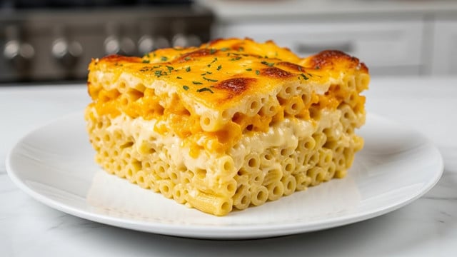 A close-up of a thick, square slice of baked macaroni and cheese sits on a smooth white plate, placed on a white marbled surface. The dish has three visible layers: the bottom layer shows soft, creamy macaroni with slightly yellow cheese sauce clinging to the elbow-shaped pasta; the middle layer is rich melted cheese blending into the pasta below; and the top layer is a golden-brown crust of bubbly, crispy cheese with spots of deeper orange and slightly charred edges, sprinkled with small green herb bits for contrast. The background is a blurred kitchen setting with a stove and white cabinets visible. Photo taken with an iphone --ar 4:5 --v 7