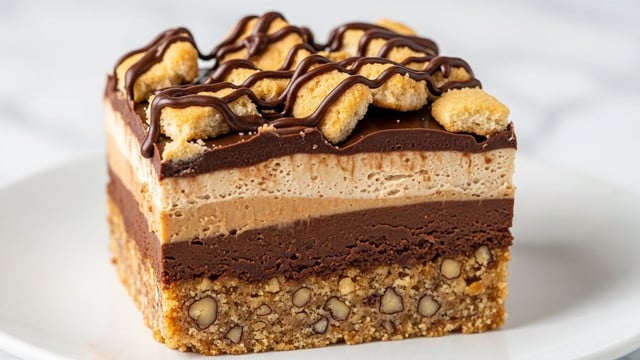 A thick, square slice of multi-layered dessert is shown close-up. The bottom layer is a crumbly, light brown base with bits of nuts. Above it, a dense layer of chocolate is topped with a creamy, light tan middle, followed by a smooth, dark chocolate layer. The top is decorated with chunks of light-colored cookie pieces and a drizzle of dark chocolate, creating a textured and rich look. The dessert sits on a white plate with a white marbled background. Photo taken with an iphone --ar 4:5 --v 7