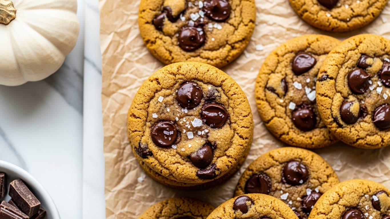 A close-up of a group of chocolate chip cookies stacked and spread over crinkled brown parchment paper on a white marbled surface, each cookie round and thick with a golden-brown texture, dark melted chocolate pieces scattered unevenly within the dough, some flakes of white sea salt sprinkled on top, with a small white pumpkin in the top left corner and a white dish with chunks of dark chocolate partially visible in the bottom left corner, photo taken with an iphone --ar 4:5 --v 7