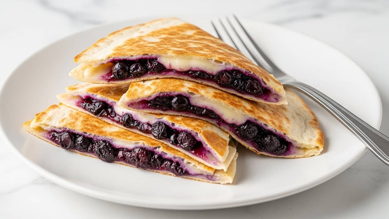 The image shows a white plate with three triangular pieces of quesadilla stacked slightly askew. The quesadilla layers include a golden-brown crispy outer tortilla, a thin inner layer of melted cheese with a smooth texture, and a layer of dark purple cooked blueberries with a juicy, slightly chunky texture visible between the tortillas. A silver fork is placed on the plate beside the quesadilla pieces. The plate sits on a white marbled surface. Photo taken with an iphone --ar 4:5 --v 7