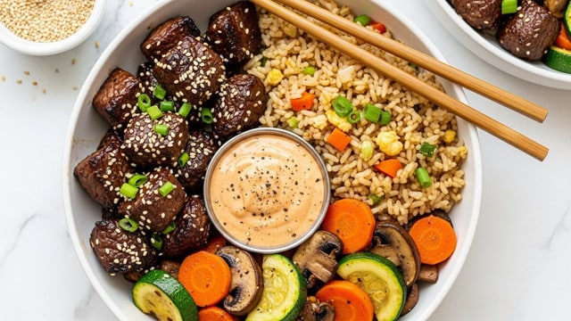 The dish is served in a white bowl with three main sections. The first layer shows dark brown, glossy grilled beef cubes sprinkled with sesame seeds and chopped green onions on top, placed on the left side. Next to it on the right, there is a mound of light brown fried rice mixed with small pieces of orange carrot and green onions. Below the fried rice and beef, there is a mix of sautéed vegetables consisting of green zucchini slices, orange carrot rounds, and brown mushrooms, all with a soft and slightly shiny texture. In the center, a small round container holds a creamy, light orange dipping sauce with some black pepper specks on top. Two pairs of wooden chopsticks are placed diagonally on the bowl, and the whole setup is on a white marbled surface. In the background, part of another similar bowl with more vegetables and beef is seen along with a small white bowl of sesame seeds. Photo taken with an iphone --ar 4:5 --v 7