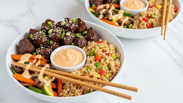 Two white bowls sit on a white marbled surface, each filled with three main layers. The bottom right layer is light brown fried rice mixed with small pieces of orange carrot, green onion, and red pepper. The bottom left layer contains mixed sautéed vegetables, including orange carrot slices, green zucchini, and brown mushroom slices with a light sauce drizzled on top. The top left layer consists of dark brown cubed meat garnished with white sesame seeds and green onion slices. In the center of the front bowl, there is a small white bowl filled with creamy light orange sauce. Two wooden chopsticks rest on the front bowl, angled diagonally. Photo taken with an iphone --ar 4:5 --v 7