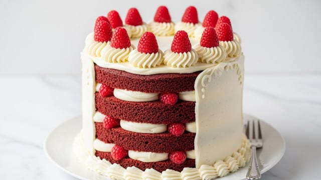 The image shows a tall, round cake with four layers of dark red, moist texture. Between each cake layer, there are thick, creamy white fillings with a smooth texture. The top of the cake is decorated with swirls of white cream, each topped with bright red raspberries, adding a fresh and juicy look. The cake sides are covered with smooth white frosting, with a simple piped design along the edges. The cake sits on a white plate with a small silver fork on the side, all placed on a white marbled surface. Photo taken with an iphone --ar 4:5 --v 7