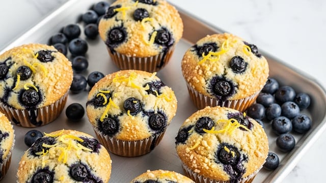 A group of small lemon blueberry muffins with a golden, slightly bumpy top and visible dark blue blueberries spread evenly inside each muffin, sprinkled with fine yellow lemon zest on top; they sit closely packed on a shiny metal cooling rack, which rests on a white marbled surface. In the blurry background, two whole lemons and a blue cloth are softly visible, adding a fresh and homey feel to the scene. photo taken with an iphone --ar 4:5 --v 7