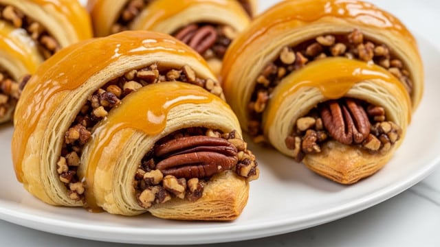 A close-up shows golden brown croissant rolls with many thin flaky layers curved around a filling of chopped nuts and whole pecans, covered in a shiny golden caramel glaze. Each roll has a visible rich nut mixture tightly packed inside, and the outside is smooth with a gentle crisp texture. The croissants rest on a smooth white plate set on a white marbled surface. photo taken with an iphone --ar 4:5 --v 7