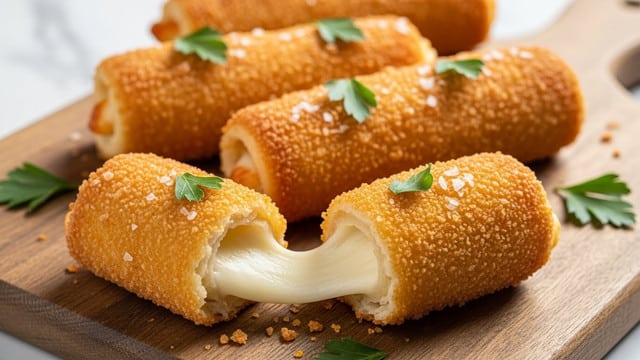 Four golden-brown rolled sticks, each with a crispy outer layer textured with fine crumbs. They are arranged side by side on a wooden board with a rough surface replaced by a white marbled texture in the background. One roll is broken open at the front, showing soft, melted white cheese oozing out, while small green parsley leaves are scattered on top of the rolls and the marbled surface around them. The cheese sticks have a crunchy appearance with a light dusting of salt crystals. photo taken with an iphone --ar 4:5 --v 7