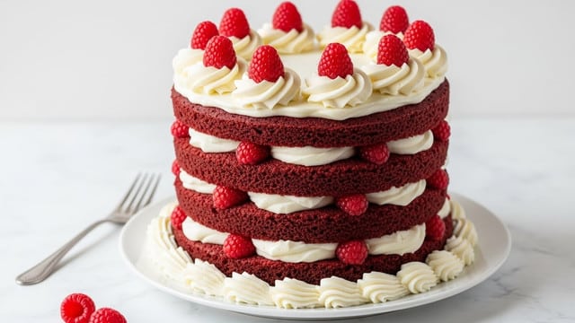 A slice of three-layer yellow cake is shown on a white plate with a brown speckled edge; each cake layer is light yellow with a soft texture, separated by two middle layers of bright red raspberry jam and white cream frosting that also covers the top and sides of the slice smoothly; on the right side of the slice, three fresh raspberries are placed next to it, adding a pop of deep red color; the background has a white marbled texture, and a slightly blurred second plate with another piece of cake is visible in the distance. photo taken with an iphone --ar 4:5 --v 7