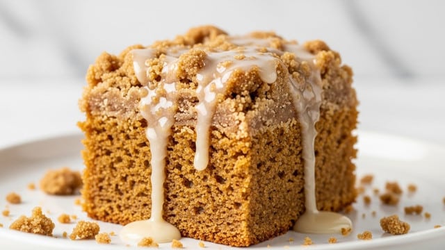 A close-up of a single square piece of crumb cake with two layers: the bottom layer is a dense, moist, golden-brown cake with a slightly coarse texture, and the top layer is a thick, crumbly streusel topping in a lighter brown shade with granules, covered unevenly with a glossy, white glaze that drips slightly down the sides. The cake sits on a white plate with crumbs and drops of glaze around it, against a white marbled texture background. Photo taken with an iphone --ar 4:5 --v 7