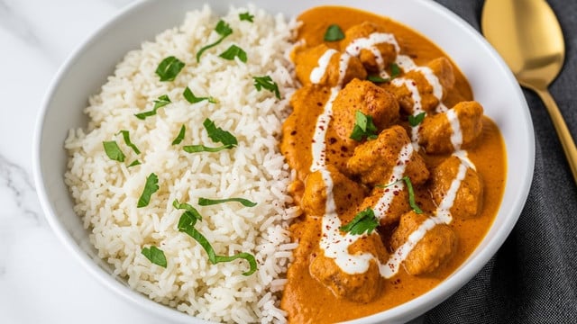 A white bowl holds a serving of white rice on the left side, topped with small pieces of chopped green herbs. The right side contains chunks of meat covered in a thick, creamy orange sauce with a smooth texture, swirled with white cream and sprinkled with green herbs and red spices. The bowl is placed on a white marbled surface with a golden spoon and a dark cloth napkin nearby. The lighting highlights the vivid colors and creamy texture of the dish. photo taken with an iphone --ar 4:5 --v 7