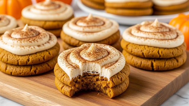 The image shows several round cookies on a wooden board, each with two main layers. The bottom layer is a thick, soft cookie with a golden brown color and a slightly textured surface. On top is a thick swirl of creamy frosting, light beige in color, dusted evenly with a dark brown powder, likely cinnamon. One cookie in the front has a bite taken out, showing the soft inside of the cookie layer. In the background, part of a white plate holds more cookies, and some small orange pumpkins are visible on the side. The surface beneath is a white marbled texture. Photo taken with an iphone --ar 4:5 --v 7