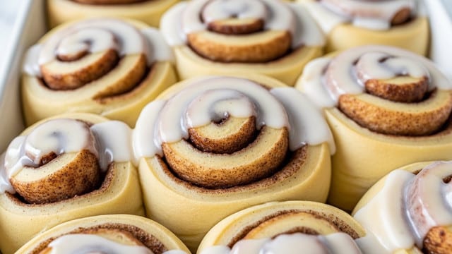 A close-up view of a group of six cinnamon rolls placed tightly next to each other, all covered in a thick, creamy white glaze that drips slightly into the spaces between them. Each roll reveals multiple soft layers of golden brown dough spiraling inward, with a darker cinnamon filling creating a textured swirl inside. The rolls appear fluffy and moist, with the glossy glaze having a smooth and slightly shiny texture that coats them evenly. They are placed on a white surface with a soft, marbled texture visible between the rolls. photo taken with an iphone --ar 4:5 --v 7