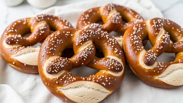 The image shows four soft pretzels with a shiny golden brown crust and scattered white coarse salt on top, arranged closely together on a smooth white cloth. Each pretzel has a thick twisted shape, with the center hole clearly visible. The brown color varies slightly with lighter patches where the dough expands under the crust, giving a textured and freshly baked look. The background features a white marbled surface with soft light and blurred shapes adding warmth to the scene. photo taken with an iphone --ar 4:5 --v 7