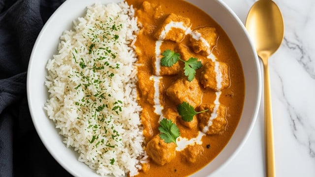 The dish shows a bowl with two main parts: on the left, white fluffy rice sprinkled with green herbs, and on the right, creamy orange curry with chunks of tender meat, topped with a thin swirl of cream and more green herbs. The bowl is white and sits on a white marbled surface with a dark cloth and a golden spoon nearby. The photo is clear and bright, showing good texture in both rice and curry layers. photo taken with an iphone --ar 4:5 --v 7